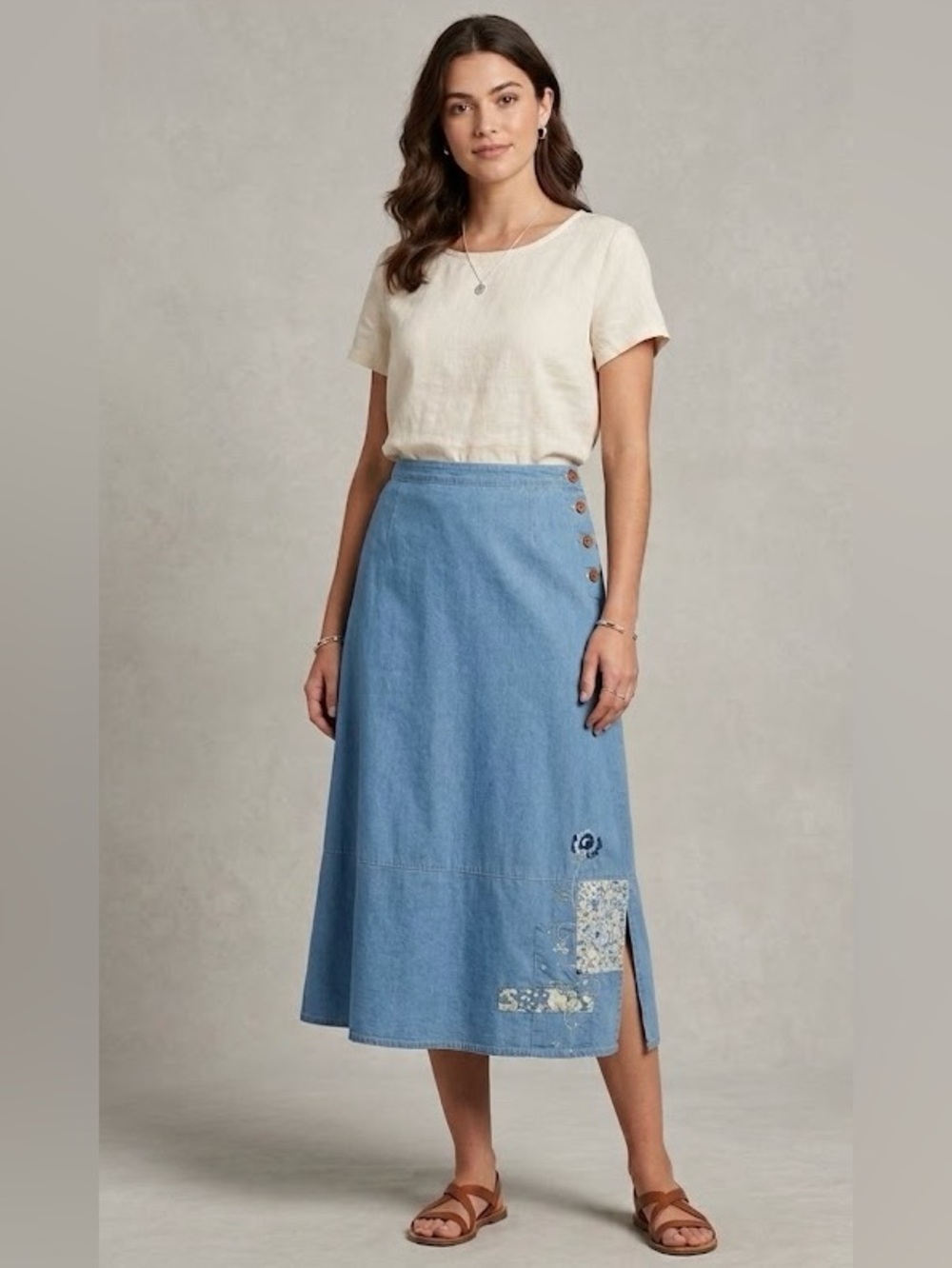 Vintage Koret Blue Denim Maxi Patchwork Floral Embroidery Skirt